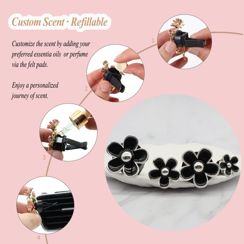 ORIESSE 4pcs Cute Daisy Flowers Car Air Freshener Vent Clips Girly Flowers Car Accessories for Women 4 Sizes Sparkle Black Silver Flower Car Vent Clips Refillable Clips On Car Diffuser - Image 5